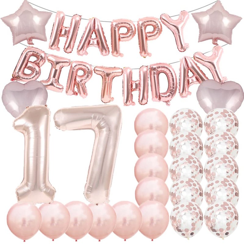 ZSNWGZ Sweet 17th Birthday Decorations Party Supplies,Rose Gold Number 17 Balloons,17th Foil Mylar Balloons Latex Balloon Decoration,17th Birthday for Women,Men,Photo Props - Image 1